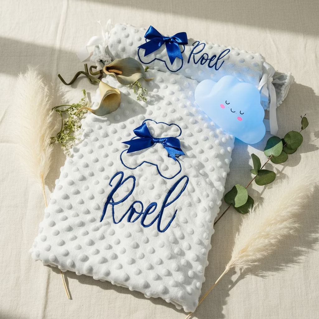 Geschenkset Babydecke + personalisiertes Anti-Roll-Kissen + Nachtlicht
