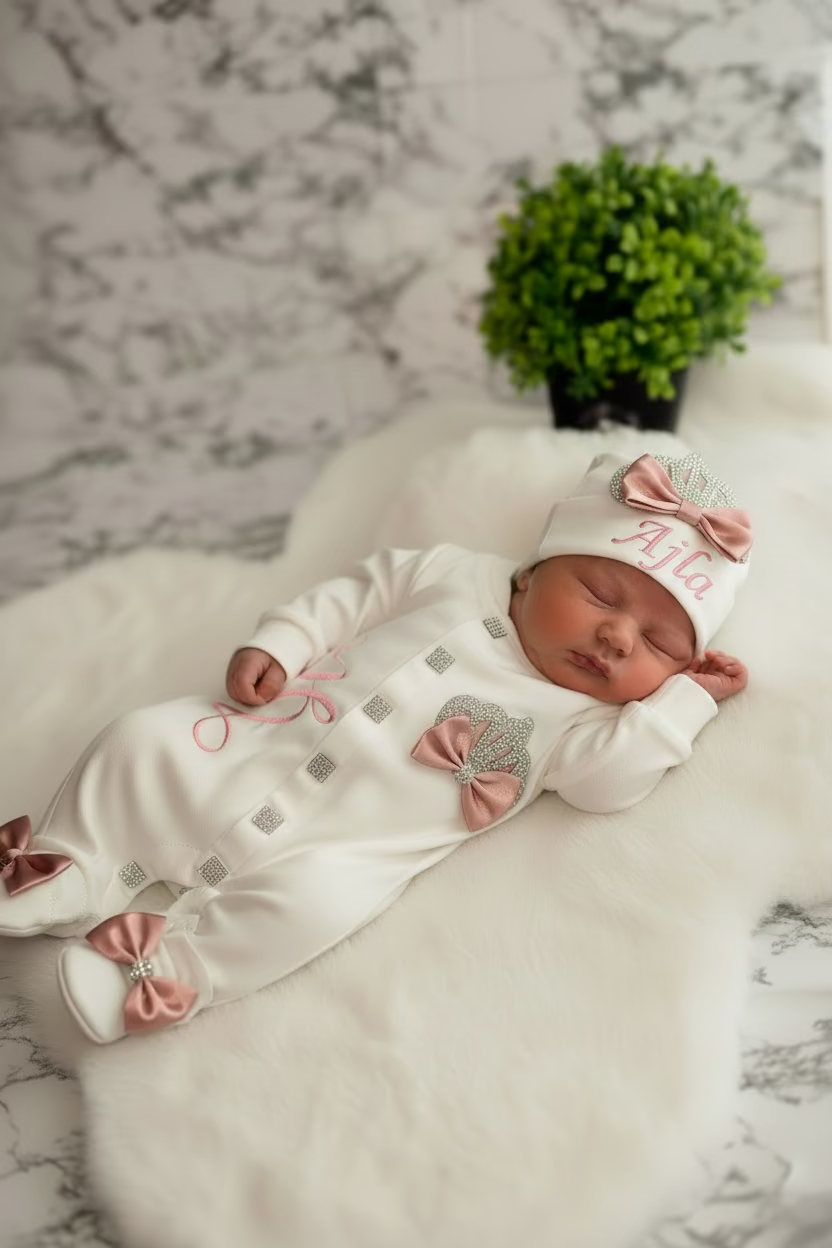 Personalisiertes Geburts-Set – Strampler, Mütze, Schühchen & Fäustlinge