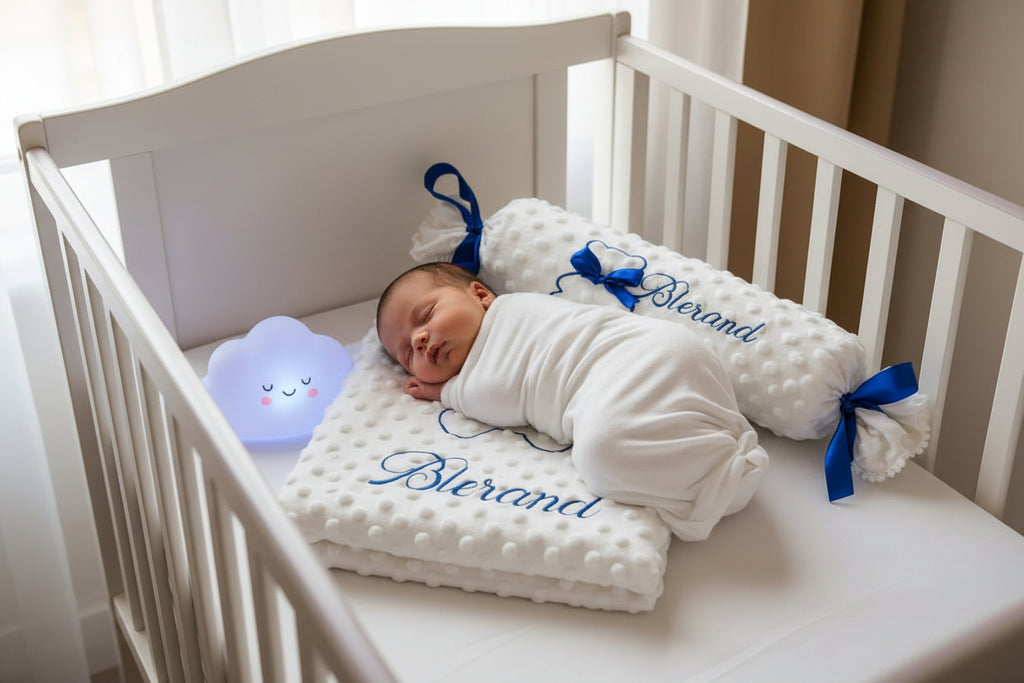 Geschenkset Babydecke + personalisiertes Anti-Roll-Kissen + Nachtlicht